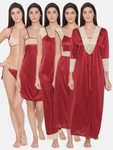 Clovia Women 7-Piece Satin Solid Nightdress