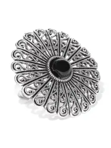 Infuzze Oxidised Silver-Toned & Black Textured Ring