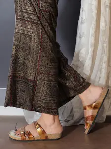 ELLE Textured Leather Open Toe Flats With Buckles