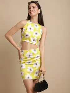 BLANC9 Floral Printed Tie-Up Crop Top & Fitted Mini Skirt