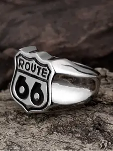 Yellow Chimes Silver-Toned Route 66 Symbol Oxidized 316L Stainless Steel Bikers Ring