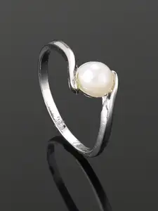 Estele Rhodium Plated Pearl Studded Slip-On Finger Ring