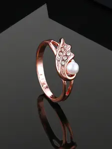 Estele Rose Gold-Plated Crystal & Pearl Studded Twisted Finger Ring