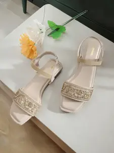 Anouk Cream-Colourblocked & Gold-Toned Embroidered Open Toe Flats