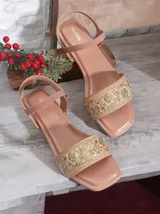 Anouk Pink & Gold-Toned Embroidered Open Toe Flats