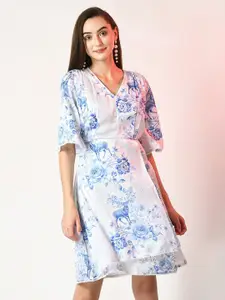 Myshka White Floral Printed Flared Sleeves Satin Fit And Flare Dress