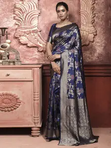 Mitera Blue & Pink Floral Woven Design Zari Jacquard Saree