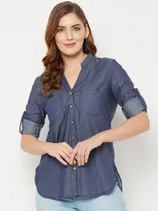 BAESD Mandarin Collar Roll-Up Sleeves Classic Regular Fit Denim Casual Shirt