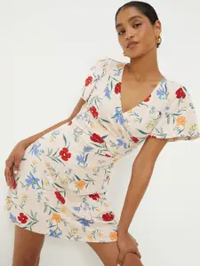 DOROTHY PERKINS Floral Print Flared Sleeves Mini Wrap Dress