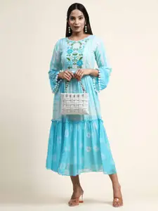 Growish Tie and Dyed Bell Sleeve Georgette A-Line Midi Dress