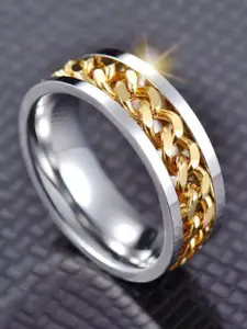 VIEN Men Set Of 2 Platinum-Plated Stainless Steel Enamelled Finger Rings