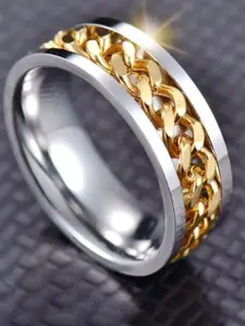 VIEN Men Set Of 2 Platinum-plated Stainless Steel Enamelled Finger Rings