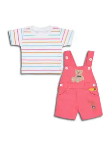 Wish Karo Infants Boys Graphic Embroidered Dungaree With Striped T-shirt