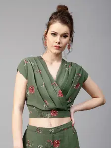 SASSAFRAS Women Green Floral Print Pleated Crop Wrap Top
