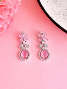 Voylla Rhodium Plated Cubic Zirconia Studded Drop Earrings