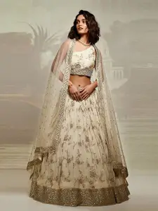 Fusionic Cream-Coloured & Gold-Toned Embroidered Sequinned Semi-Stitched Lehenga & Unstitched Blouse With