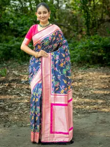 VISHNU WEAVES Navy Blue & Pink Woven Design Zari Silk Blend Banarasi Saree