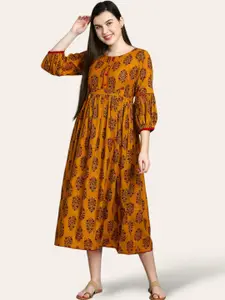 True Shape Ethnic Motifs Printed Puffed Sleeves Maternity Midi Ethnic Dress
