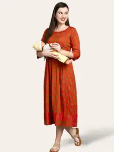 True Shape Printed Maternity Anarkali Dress with Nursing Zips in Cotton Blend Fabric