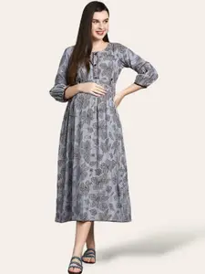 True Shape Floral Printed Maternity Fit and Flare Midi Ethnic Dress with Nursing Zips