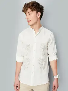 max Floral Embroidered Mandarin Collar Roll-Up Sleeves Pure Cotton Straight Short Kurta