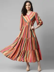DEEBACO Striped V-Neck Puff Sleeve Smocked Tiered Maxi Dress