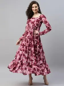 DEEBACO Floral Printed Puffed Sleeves Georgette Maxi Tiered Dress