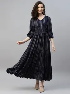 DEEBACO Vertical Striped Puff Sleeves Maxi Dress