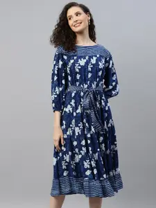 DEEBACO Floral Printed Boat Neck Tie Up Fit & Flare Dress