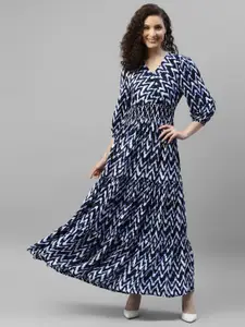 DEEBACO Chevron Printed Smocked Tiered Puff Sleeves Maxi Dress