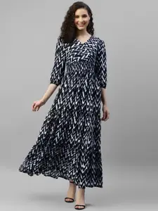 DEEBACO Geometric Printed V-Neck Puff Sleeves Smocked Maxi Dress