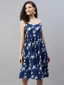 DEEBACO Floral Printed Shoulder Straps A-Line Tiered Dress