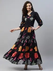 DEEBACO Floral Printed Puffed Sleeves Smocked Maxi Tiered Dress