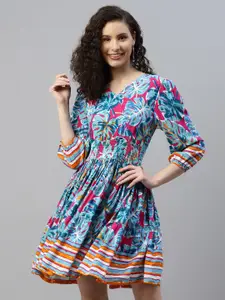 DEEBACO Tropical Printed Puff Sleeve Fit & Flare Dress