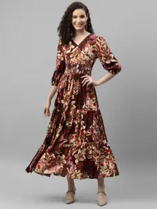 DEEBACO Floral Printed Smocked V-Neck Tiered Puff Sleeve Fit & Flare Dress