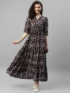 DEEBACO Geometric Printed V-Neck Puff Sleeves Smocked Maxi Dress