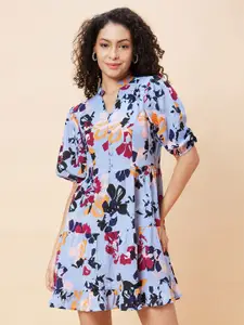 Globus Floral Printed Mandarin Collar Puff Sleeves A-Line Dress