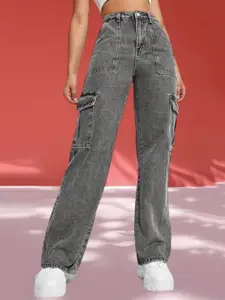 BROADSTAR Women Smart Wide Leg Heavy Fade Clean Look High-Rise Cargo Stretchable Jeans