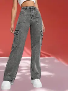 BROADSTAR Women Smart Wide Leg Heavy Fade Clean Look High-Rise Cargo Stretchable Jeans