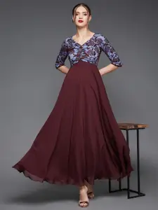 Miss Chase Floral Self Design V-Neck Georgette Empire Maxi Dress