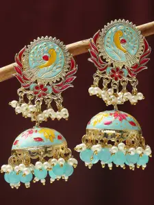 OOMPH Peacock Shaped Beaded Meenakari Jhumkas