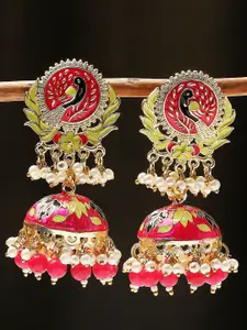 OOMPH Peacock Shaped Pearl Meenakari Jhumkas Earrings