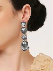 OOMPH Oxidised Kundan Studded Floral Drop Earrings