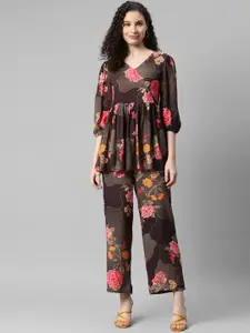 DEEBACO Floral Printed V-Neck Puff Sleeves Top With Trousers
