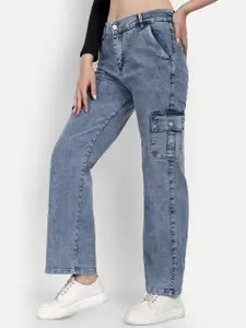 BROADSTAR Women Smart Wide Leg High-Rise Heavy Fade Stretchable Cargo Jeans