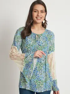 VELDRESS Floral Printed Tie-Up Neck Bell Sleeve Pleated Top