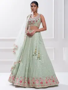FABPIXEL Embroidered Sequinned Semi-Stitched Lehenga & Unstitched Blouse With Dupatta