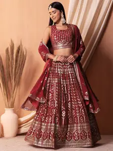 FABPIXEL Embroidered Sequinned Semi-Stitched Lehenga & Unstitched Blouse With Dupatta