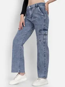 Next One Women Smart Wide Leg High-Rise Clean Look Heavy Fade Stretchable Cargo Jeans