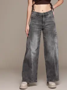 Moda Rapido Women Wide Leg Heavy Fade Stretchable Mid-Rise Cargo Style Jeans